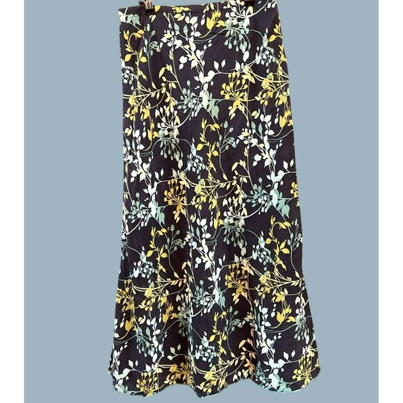 Vintage Y2K Valerie Stevens Navy Blue Green Leaf Print Silk Maxi Skirt Size 10 - Picture 1 of 6